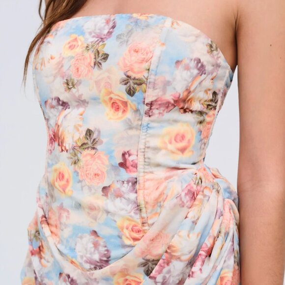 NWT FOR LOVE AND LEMONS DELPHINE RUCHED STRAPLESS BLUE DRESS W/ROSE PRINT S - Picture 2 of 6